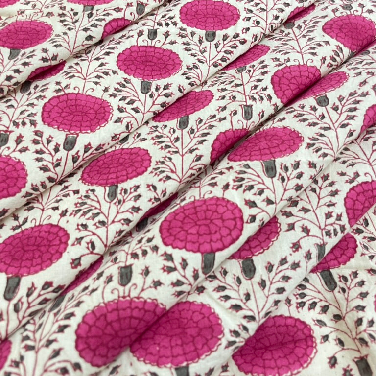 Close-up of fabric with pink floral pattern on a white background