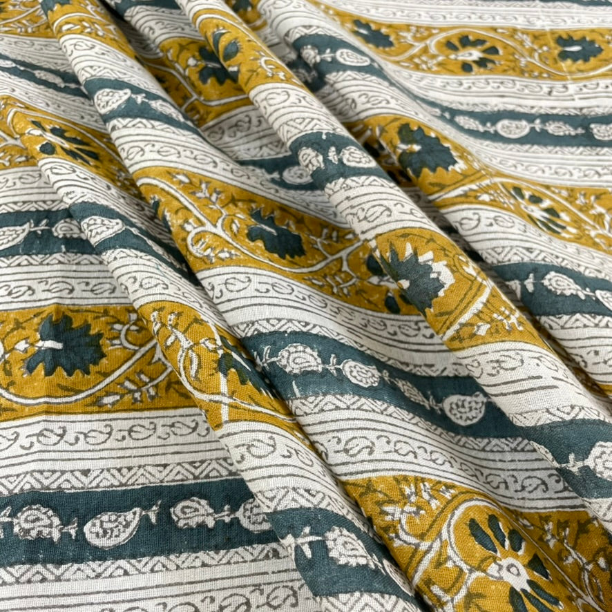Close-up of patterned fabric with yellow, blue, and white design