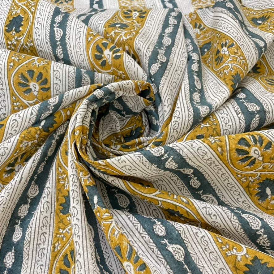 striped kalamkari fabric with yellow, teal floral print