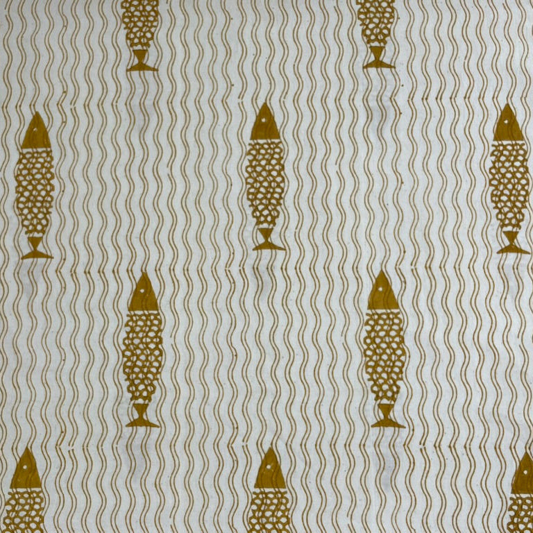 Pattern of gold fish on a beige background with wavy lines