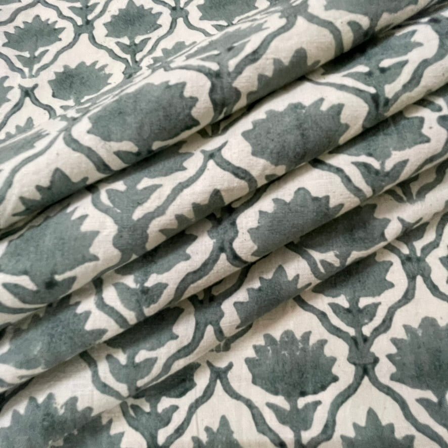Patterned fabric with gray and white design