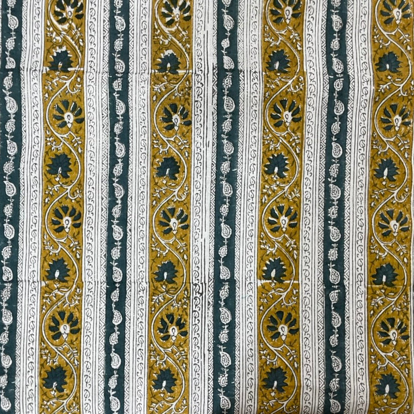 Patterned fabric with teal, mustard on white fabric in hand block print technique