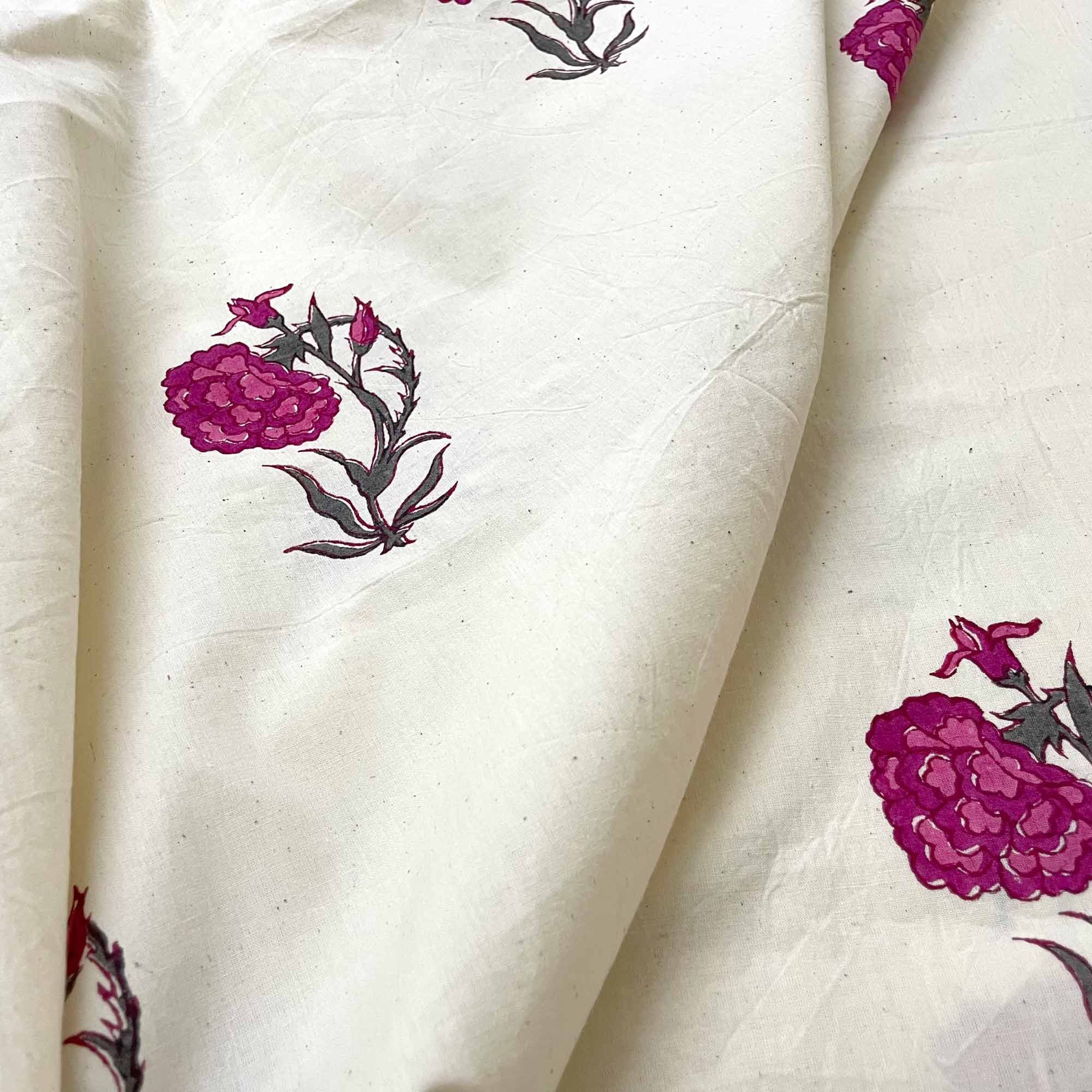 Close-up of white fabric with pink floral patterns