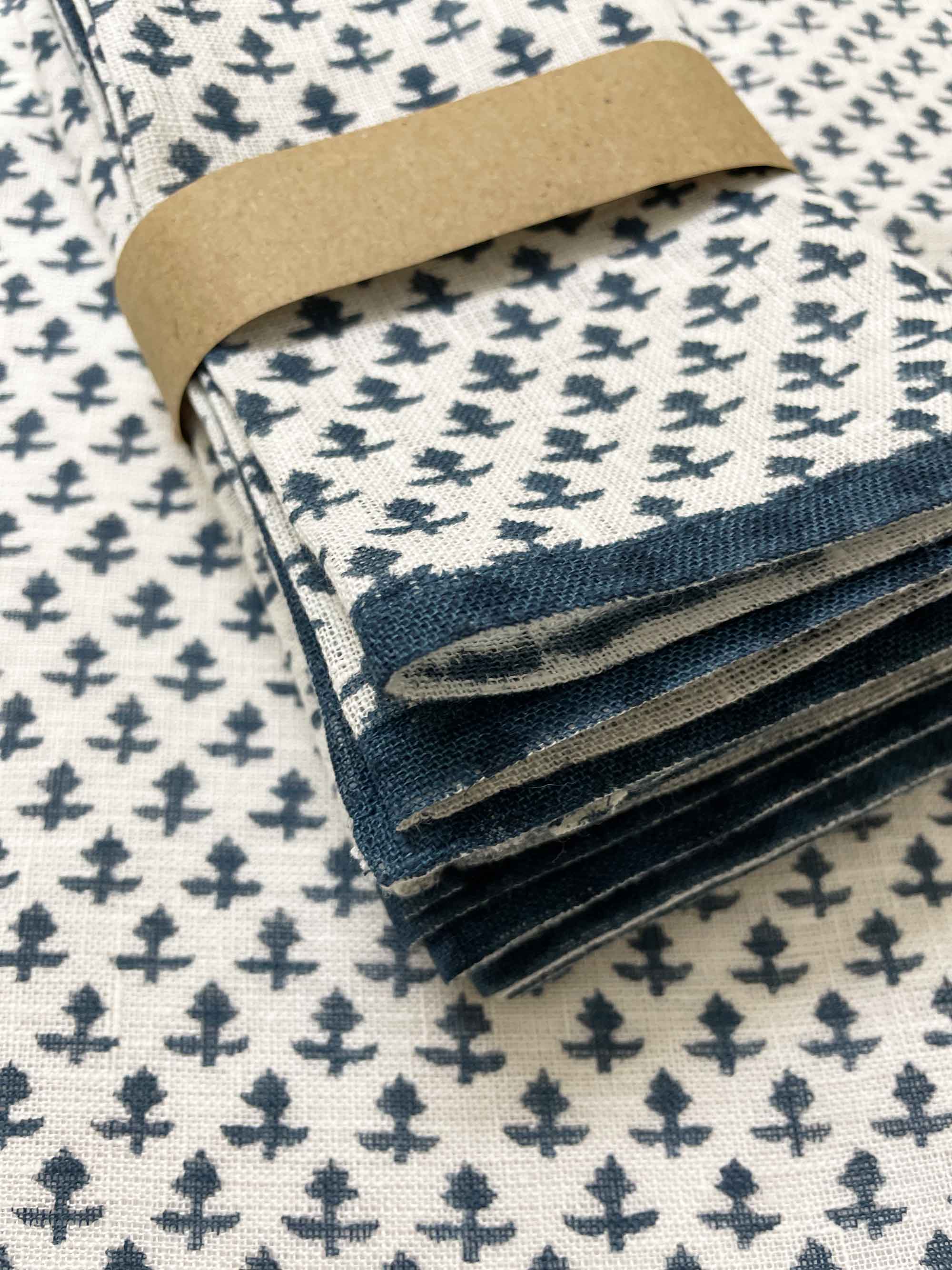 eco-friendly pure linen napkin with cobalt blue hand block printed floral design, sustainable table accessory