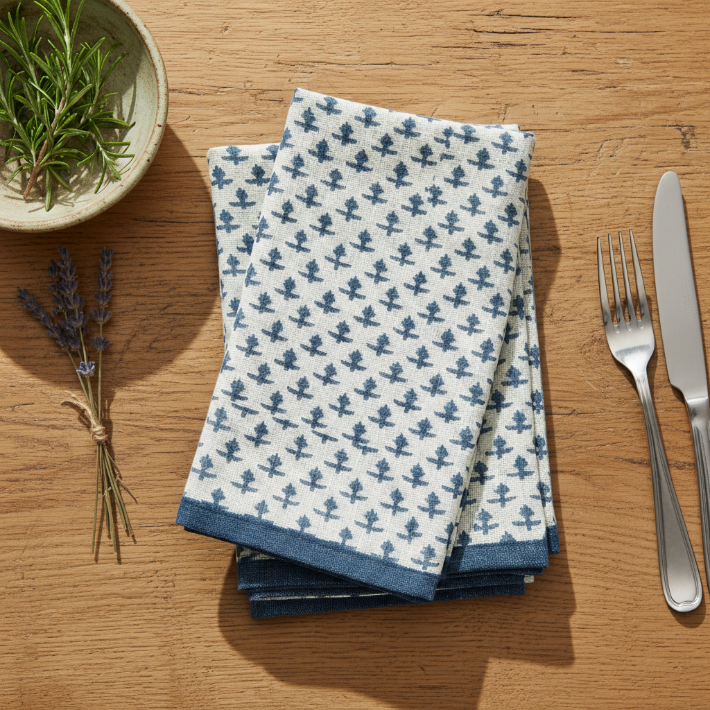 Stack of blue and white patterned napkins on a wooden table with a fork, knife, and herb bowl.
