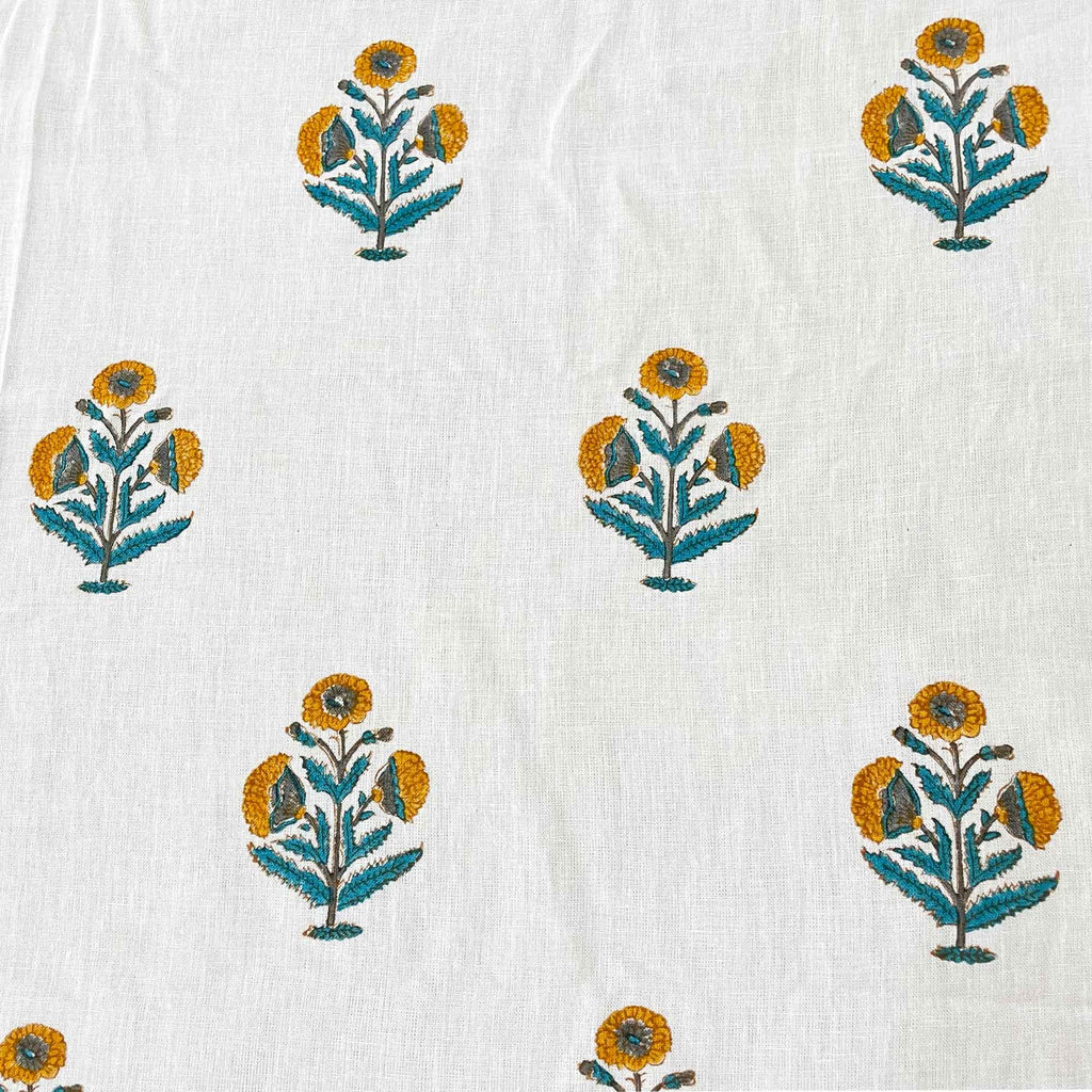 Poppy Block Print Mustard and Teal Linen Fabric