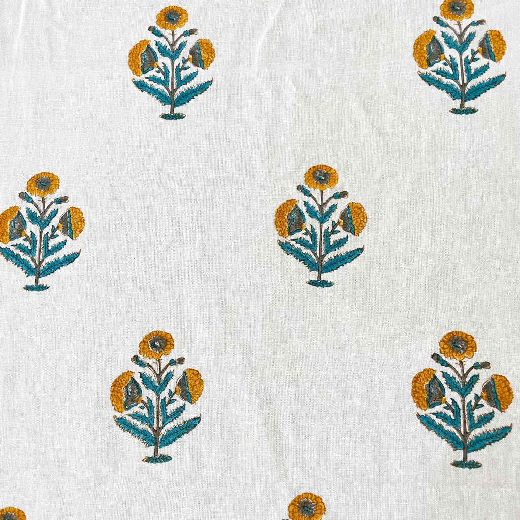 Mustard and Teal Poppy Linen Fabric By DesiCrafts