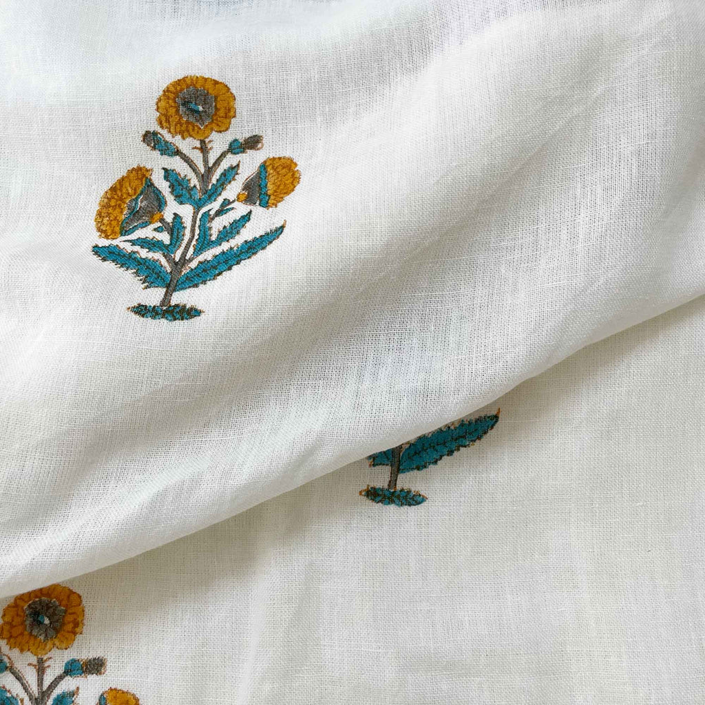 White Mustard Teal Poppy Block Printed Linen By DesiCrafts