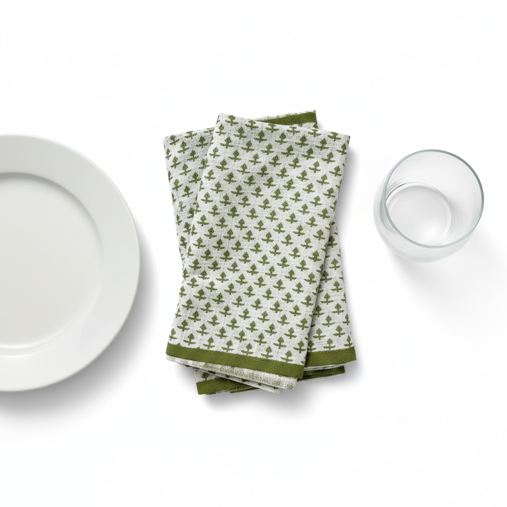 Stack of green patterned napkins on a white surface with a plate and glass.