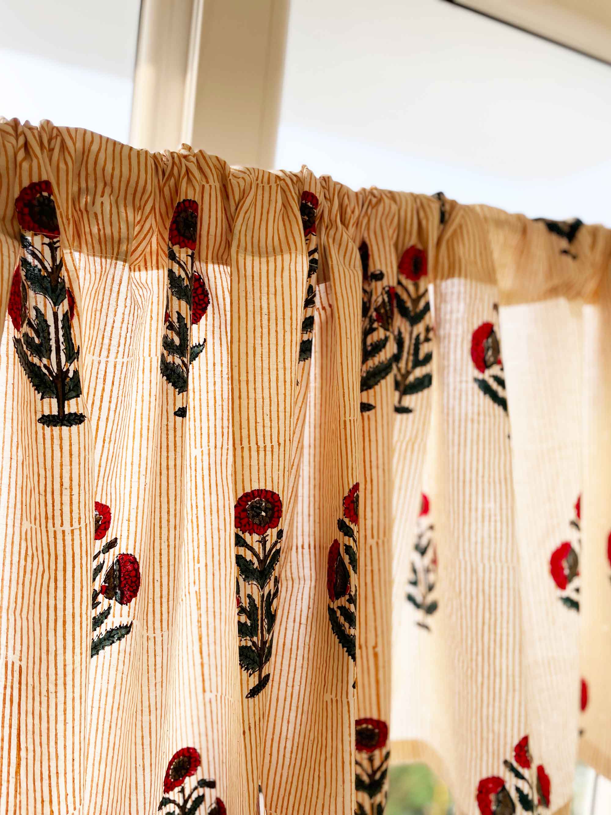 Red and blue poppy handblock printed cotton cafe curtains for kitchen windows