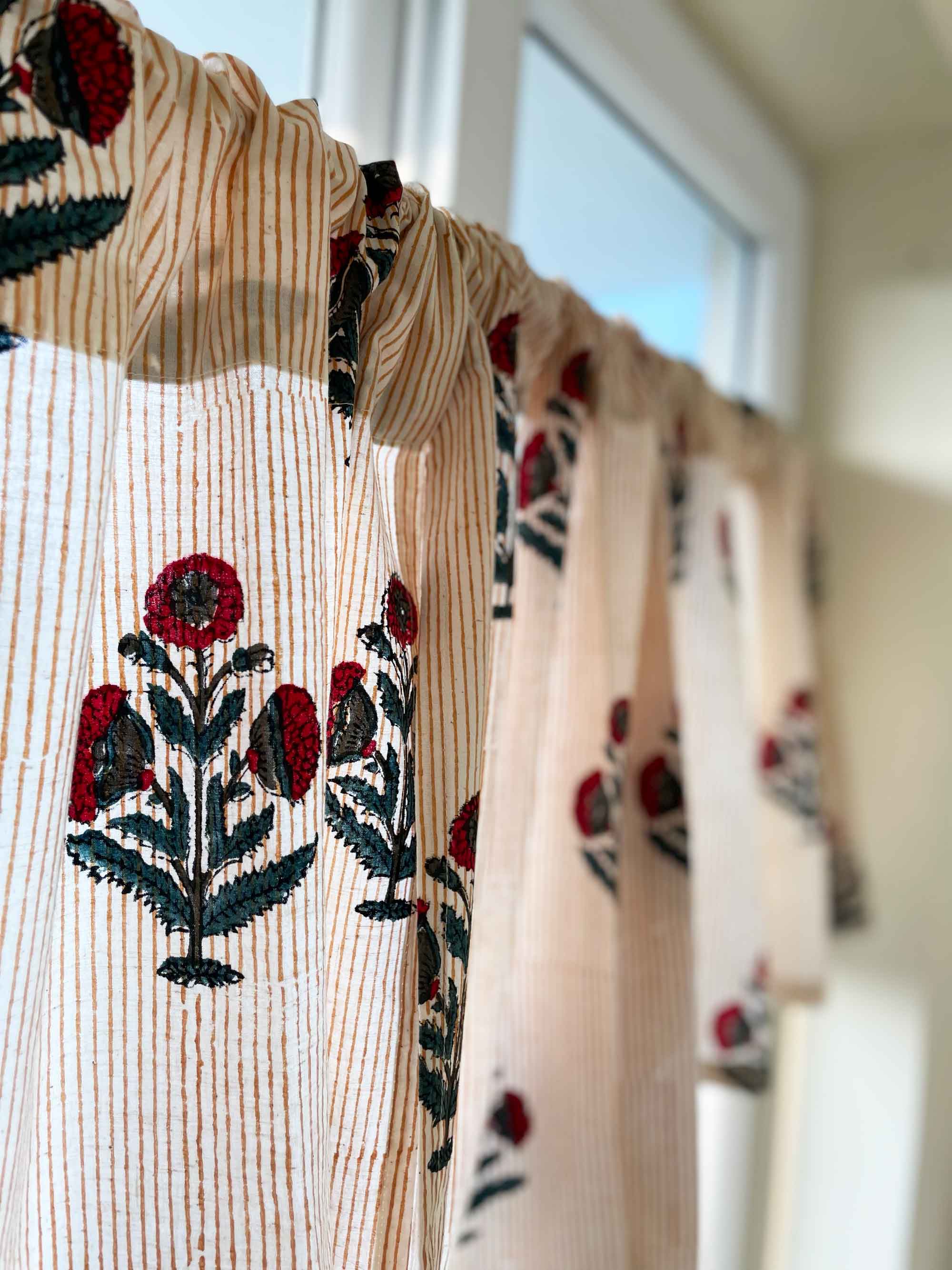 Rustic cotton cafe curtain panels with red and blue poppy block print