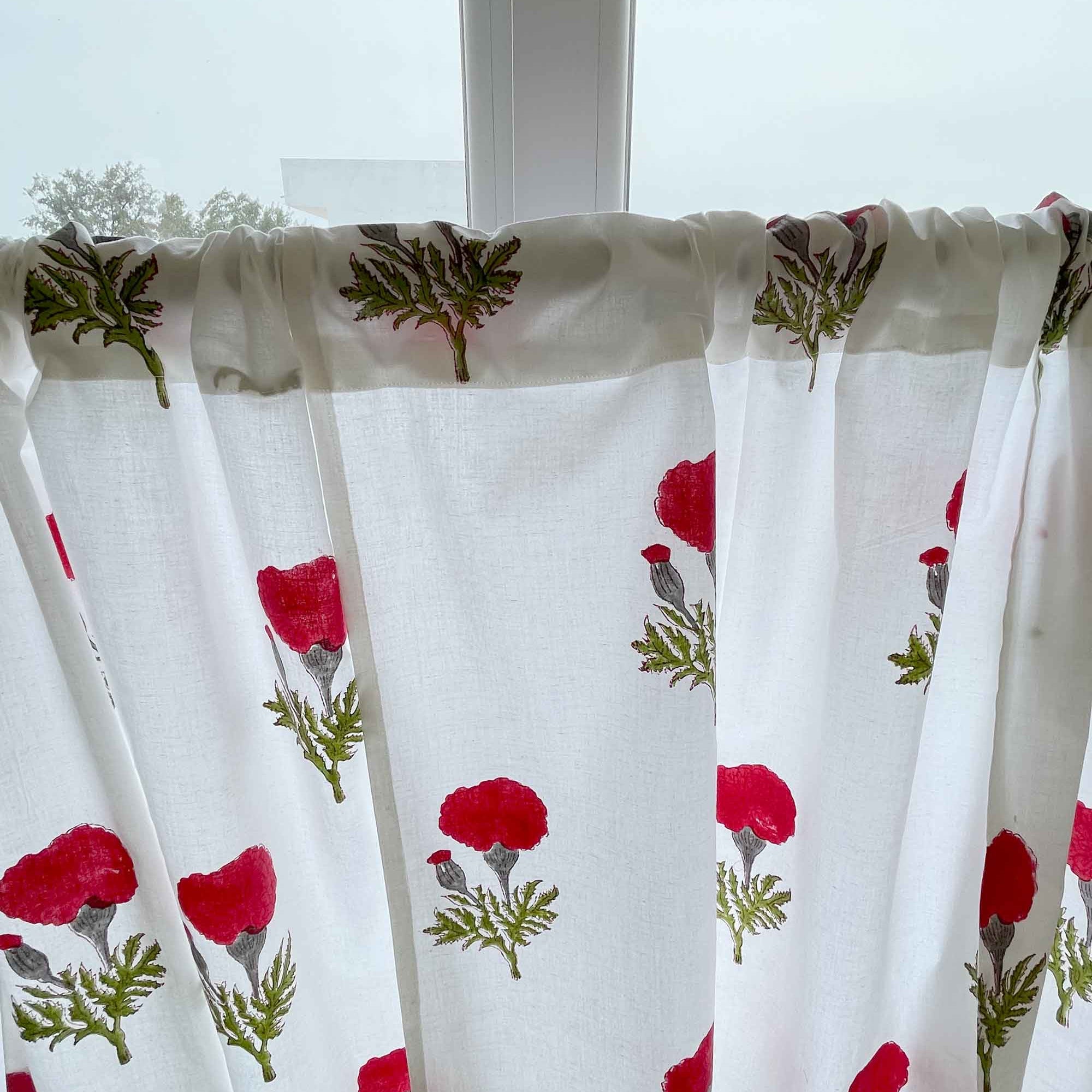 Red and Green Marigold Print Cafe Curtains