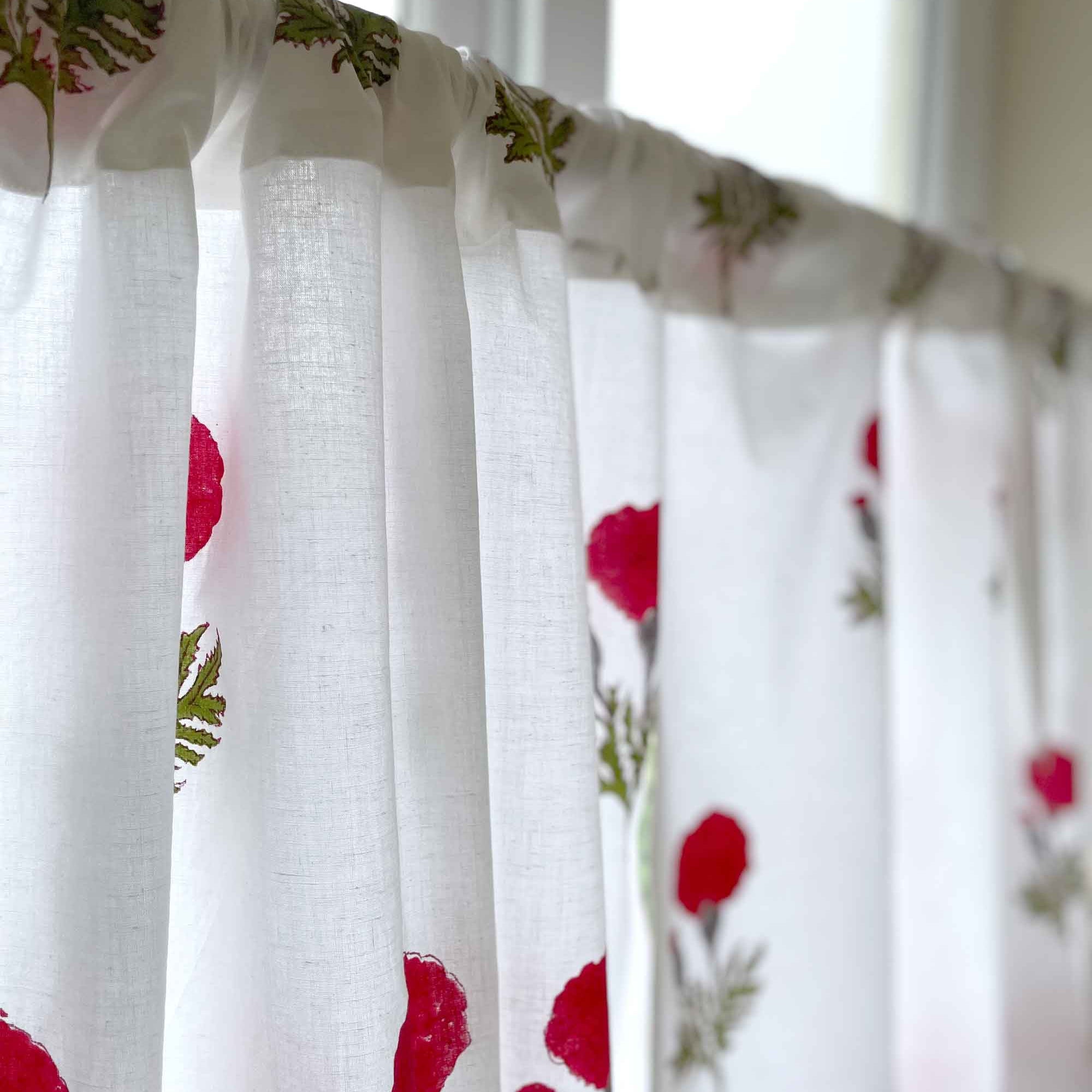 Block Printed Red and White Floral Kitchen Valance