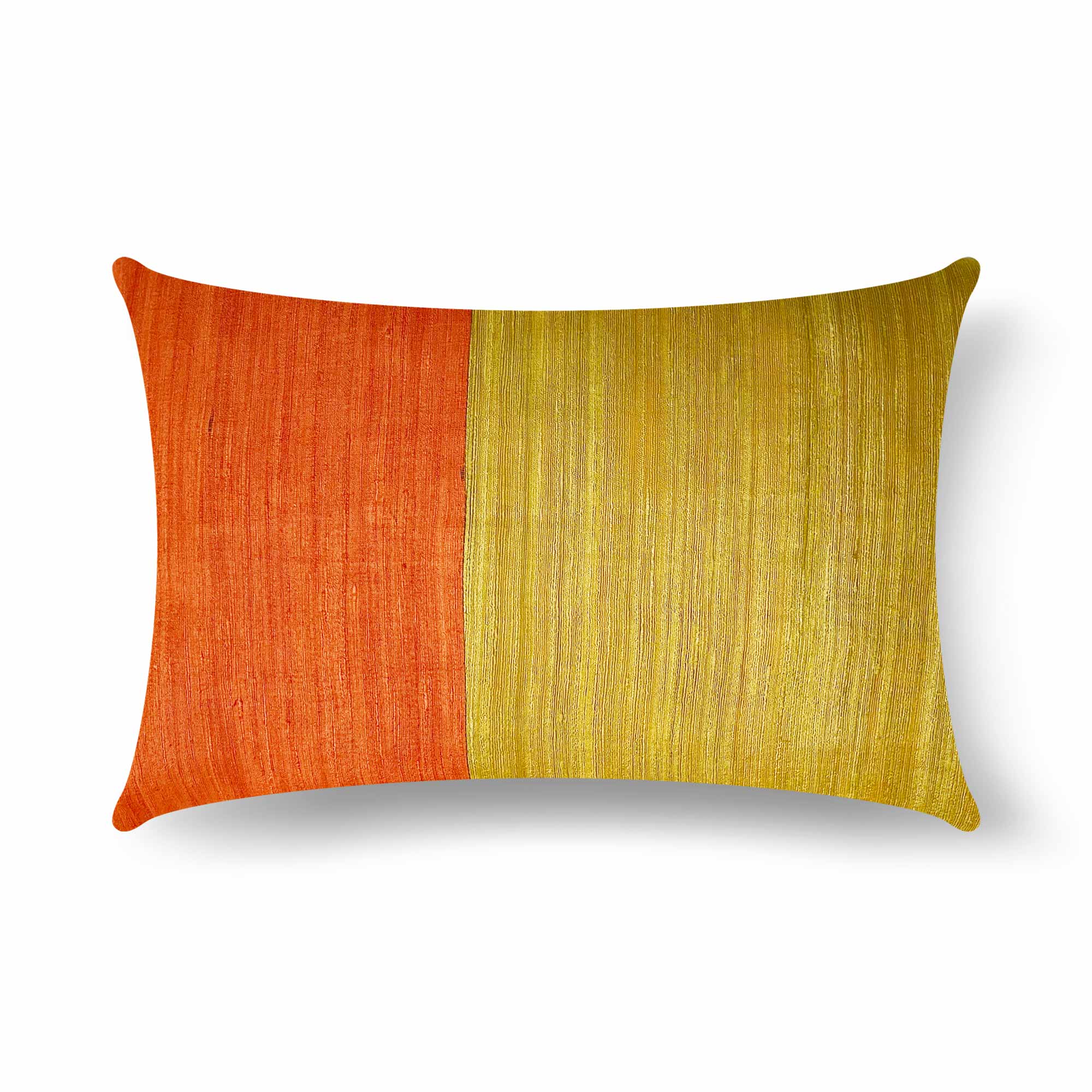 Bold colorblock tussar silk pillow cover in rust and mustard with natural textured weave.
