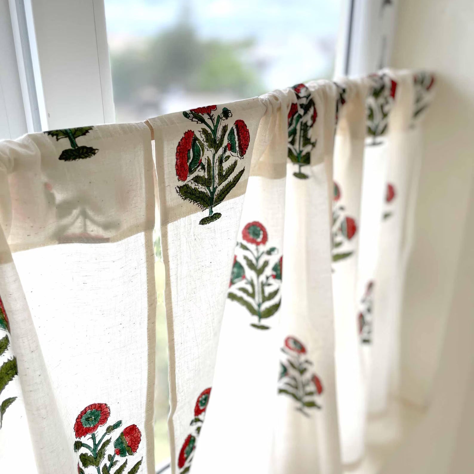 Rust poppy and green leaf cotton curtain, Mughal wall art inspired café style drape.