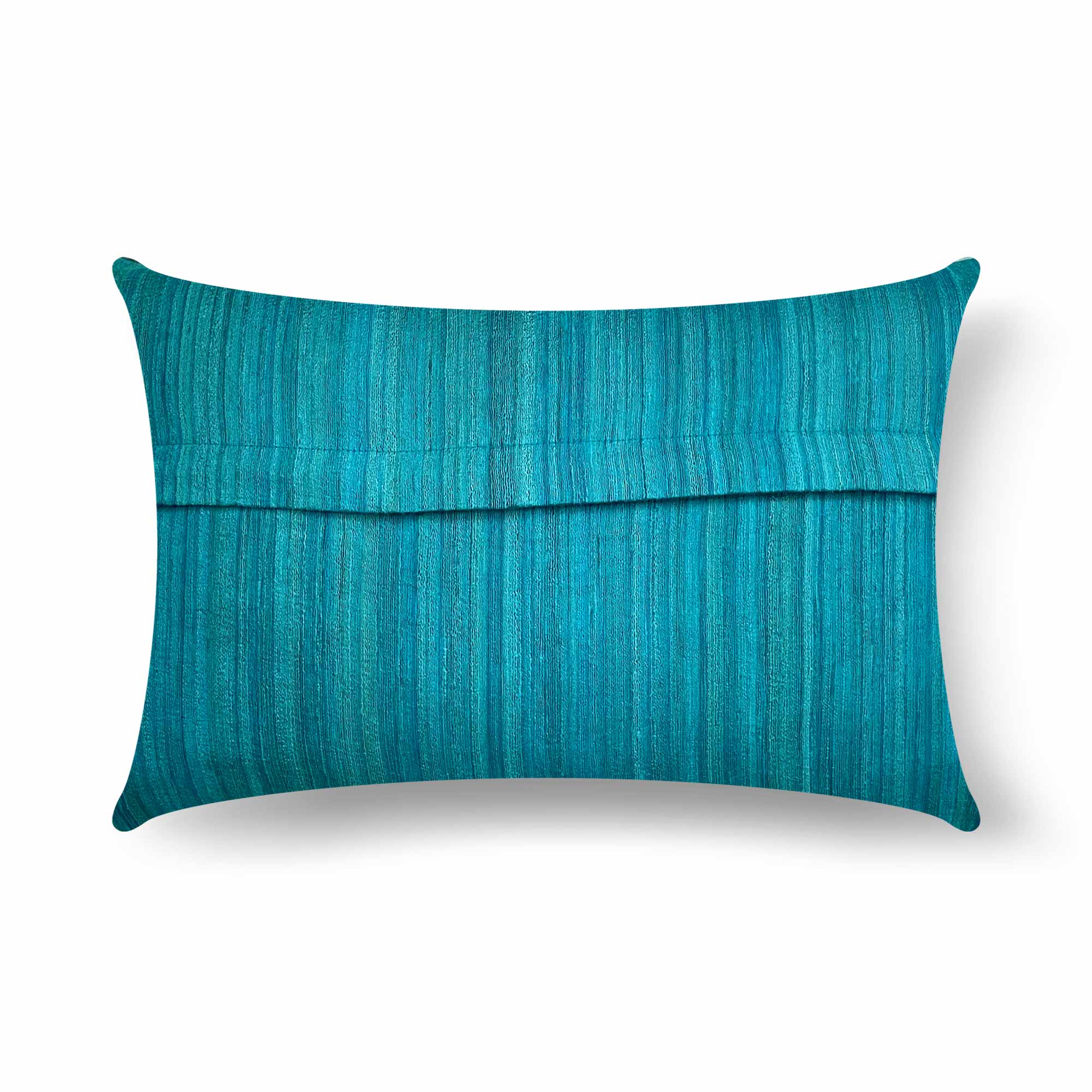 Grey and teal silk pillow cover with bold colorblocking and an elegant artisanal finish.