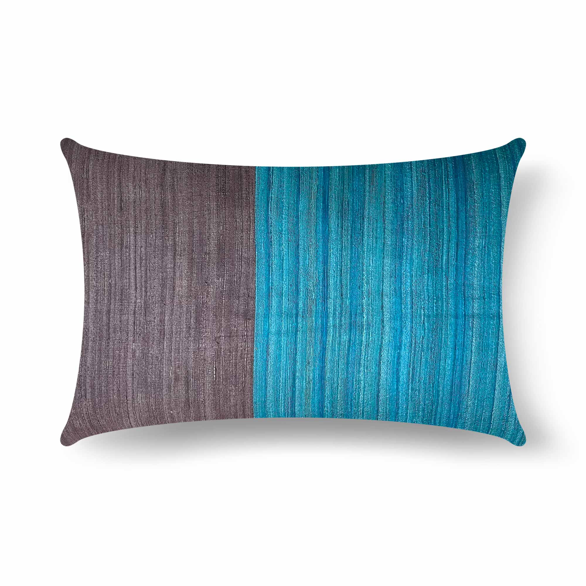 Colorblock silk stripe pillow cover in grey and teal with a modern handwoven pattern and soft natural sheen.