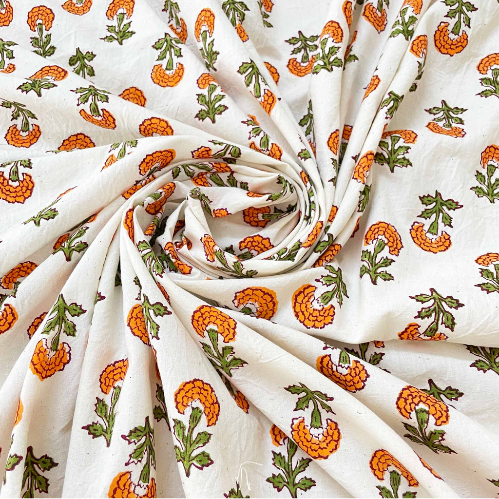 Orange Marigold Hand Block Printed Upholstery Weight Fabric By DesiCrafts