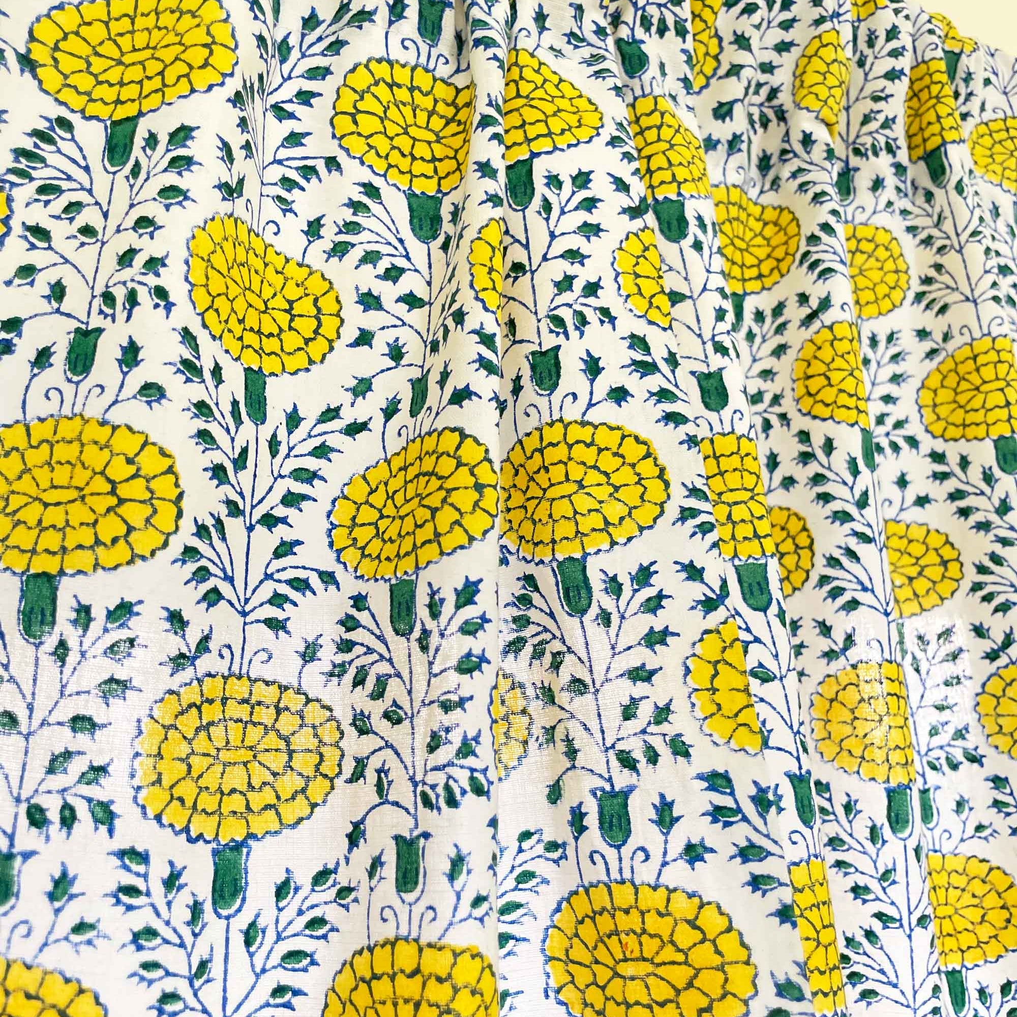 Block Printed Yellow and Green Marigold Print Kitchen Valance