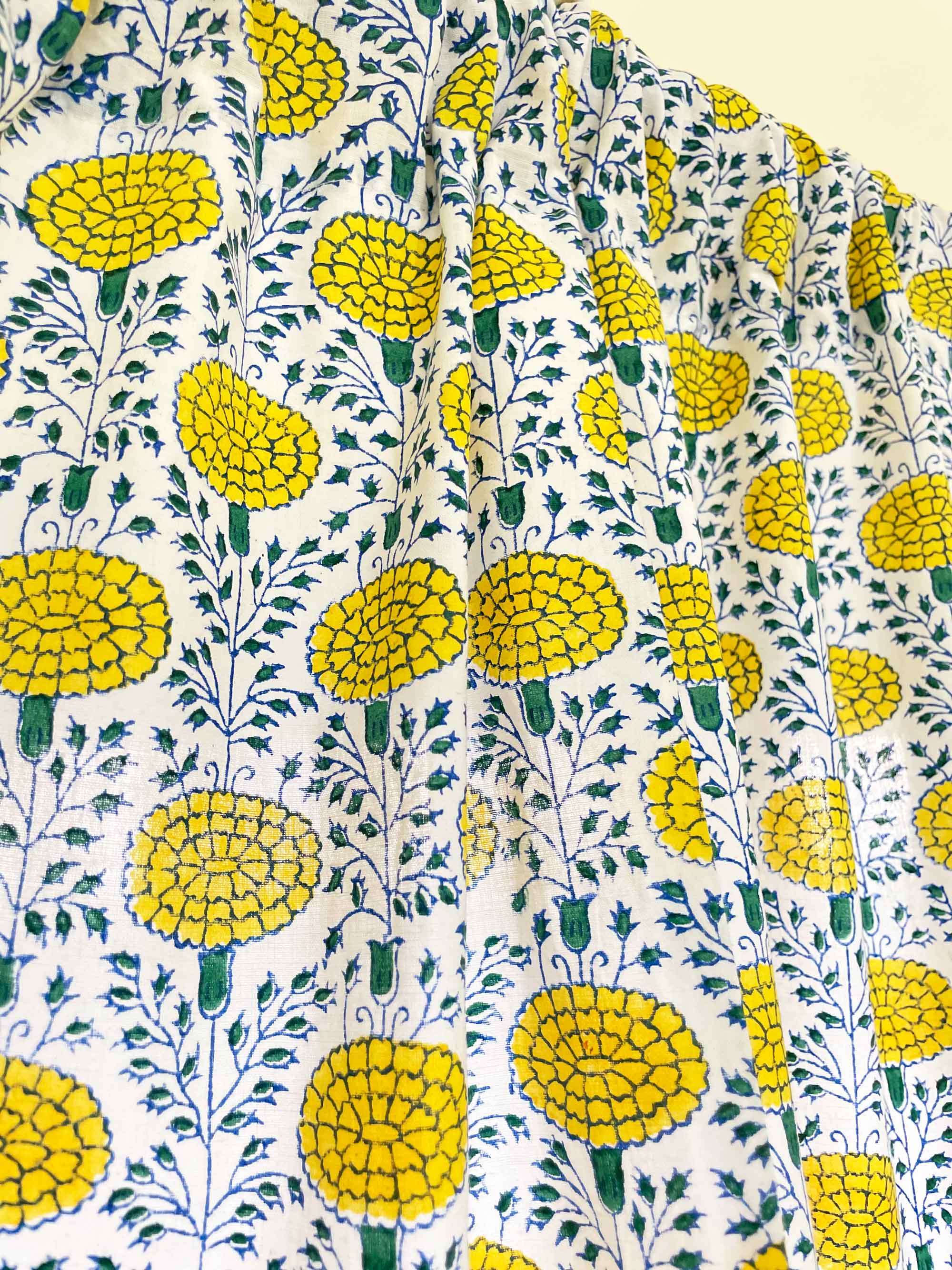 Block Printed Yellow and Green Marigold Print Kitchen Valance