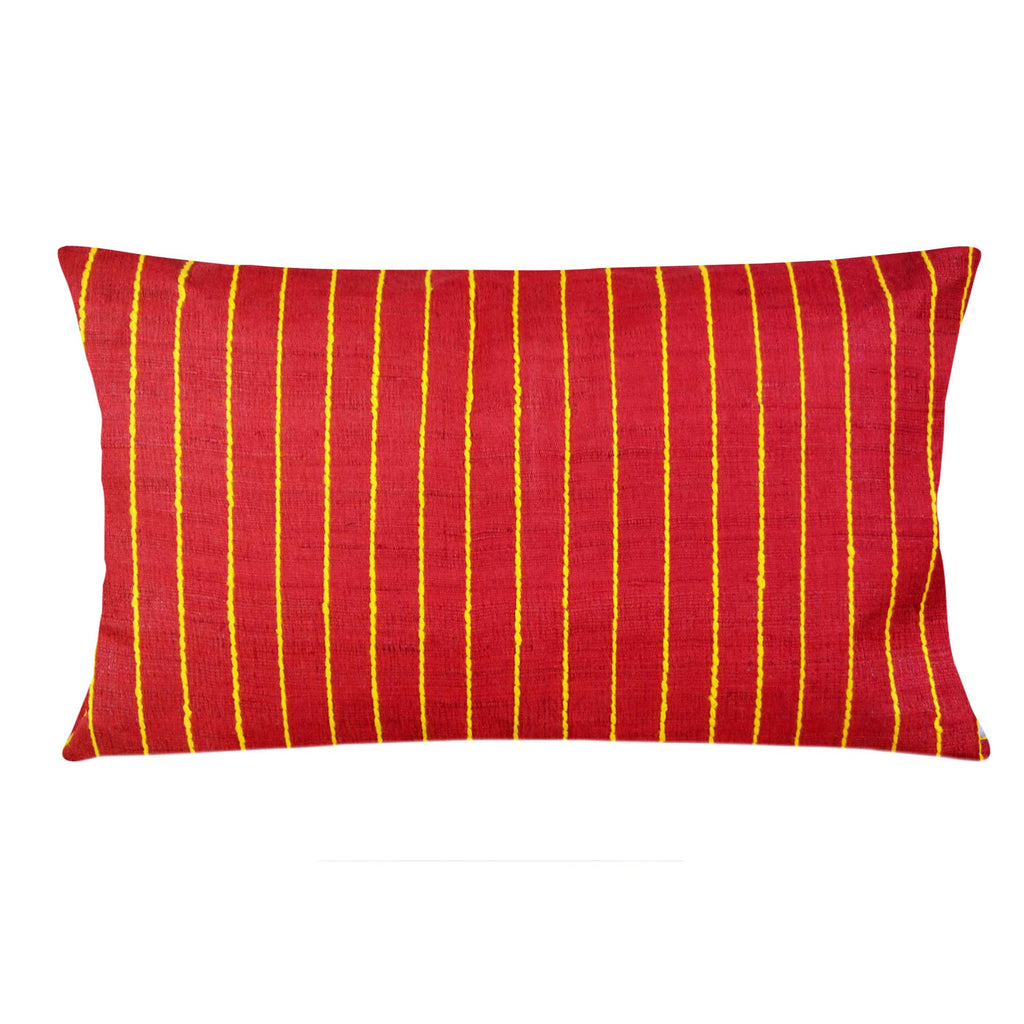 Coral and Yellow Raw Silk Lumbar Pillow Cover
