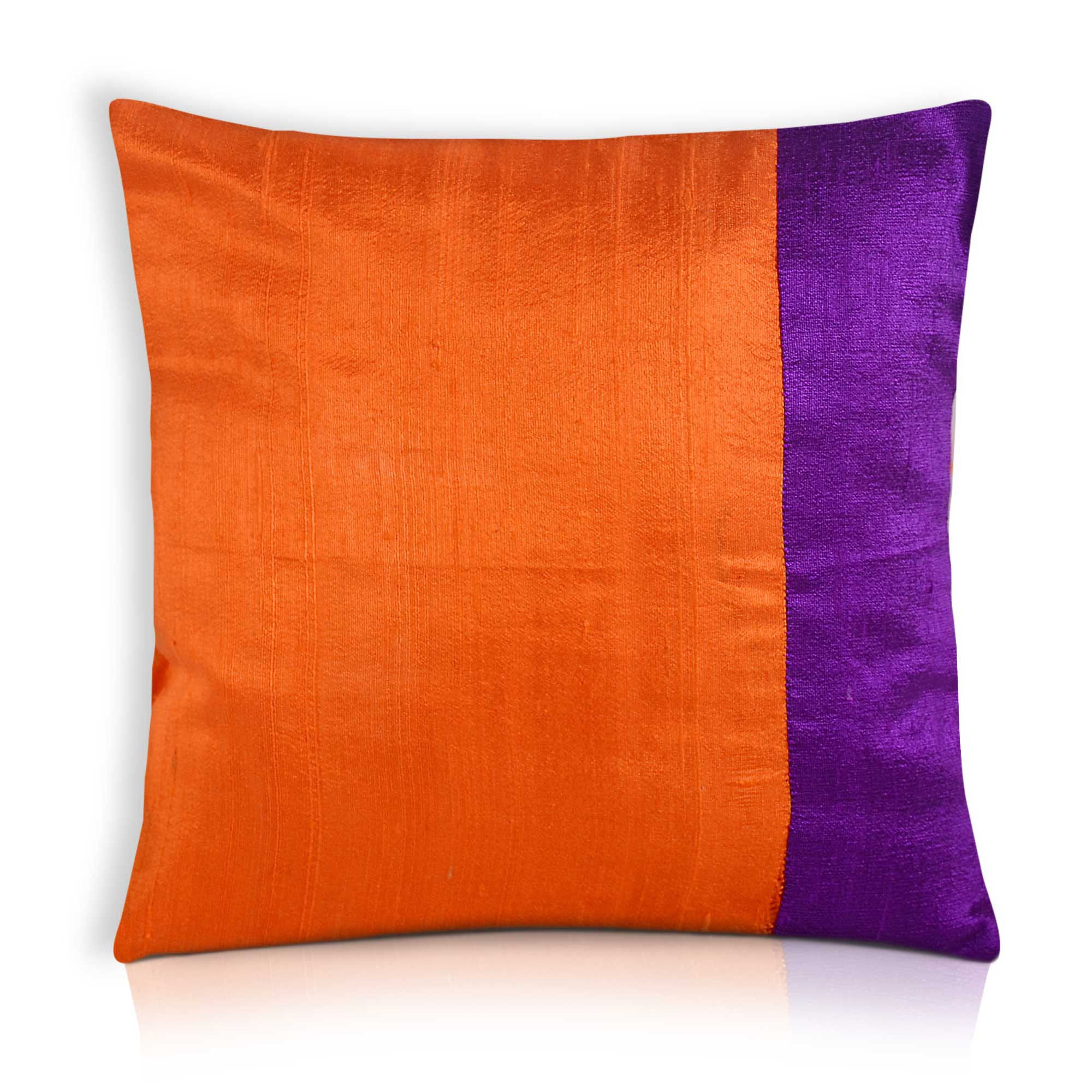 Orange and Purple Raw Silk Color Block Pillow Cover Fair Trade Handicraft Products DesiCrafts