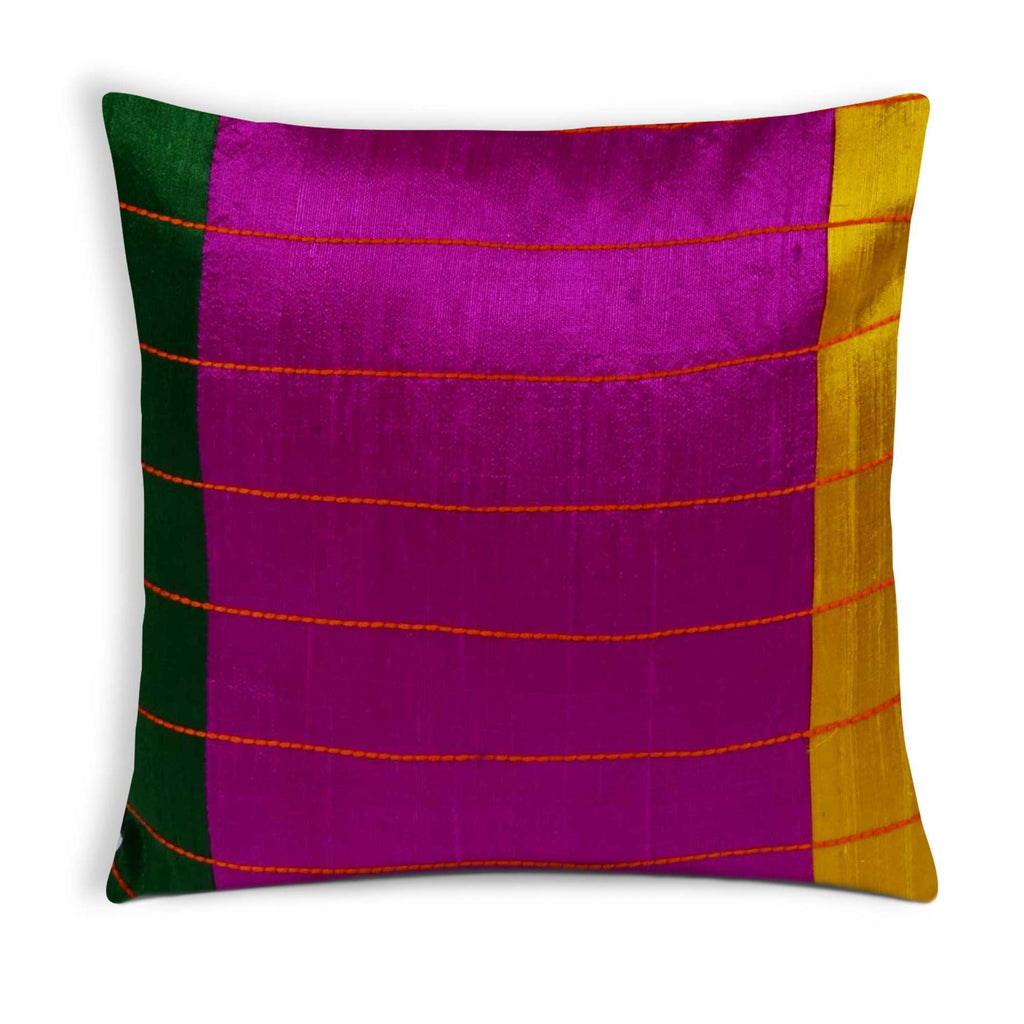 Magenta, Green and Yellow raw silk kantha pillow cover