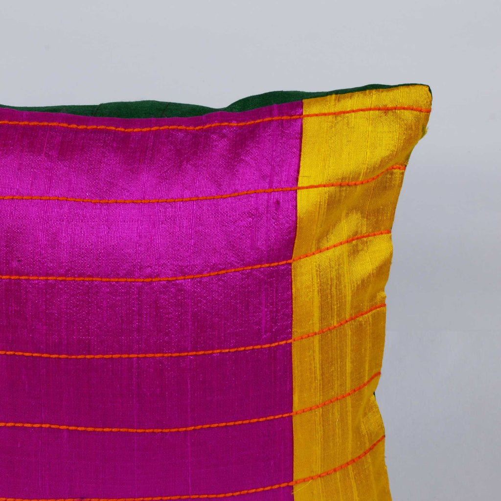 Magenta, Green and Yellow raw silk kantha pillow cover Buy online from India