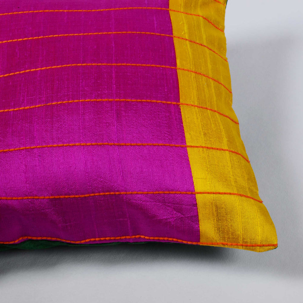 Magenta, Green and Yellow raw silk kantha pillow cover Buy from DesiCrafts