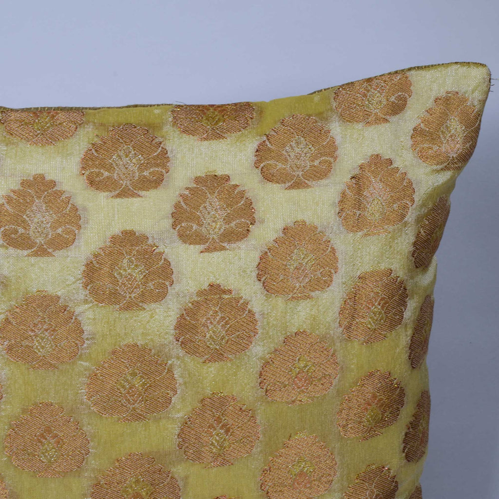 Floral Beige Gold Chanderi Pillow Cover Buy Online from DesiCrafts