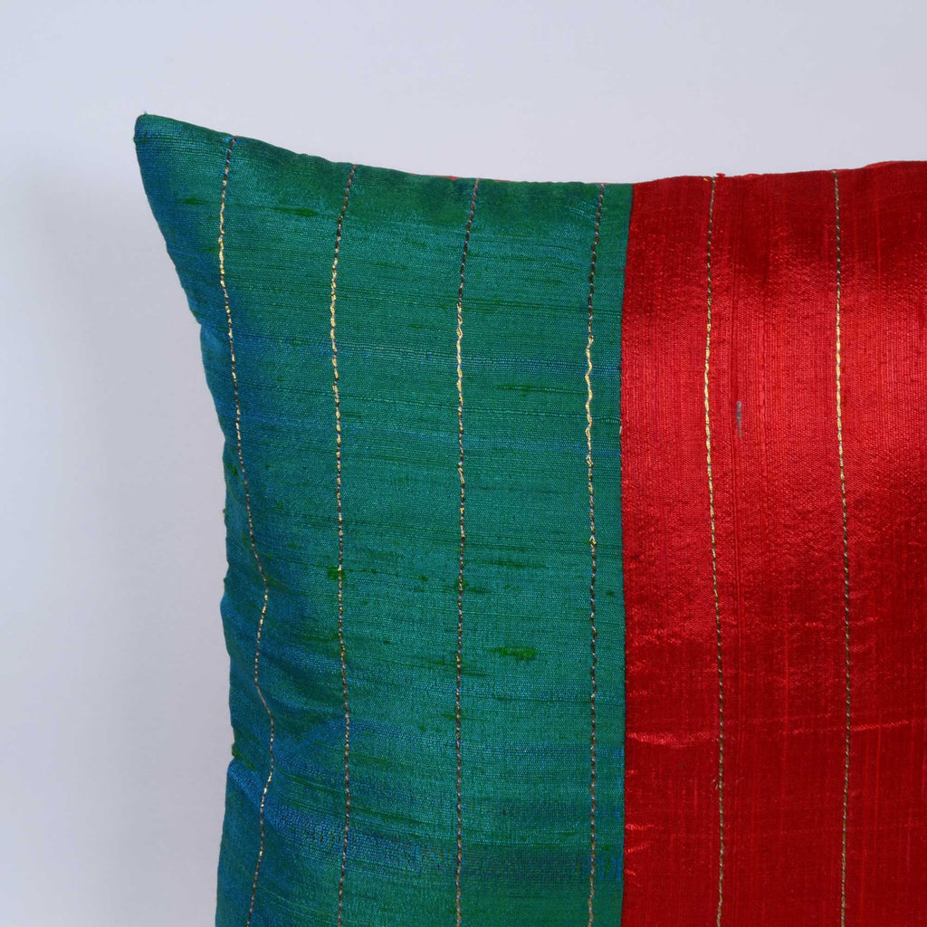 Teal Red Kantha Raw Silk Pillow Cover
