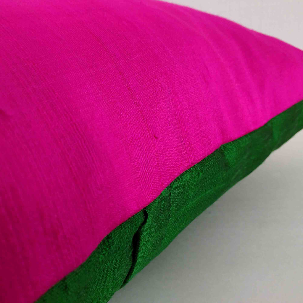 green and pink color block silk pillow 