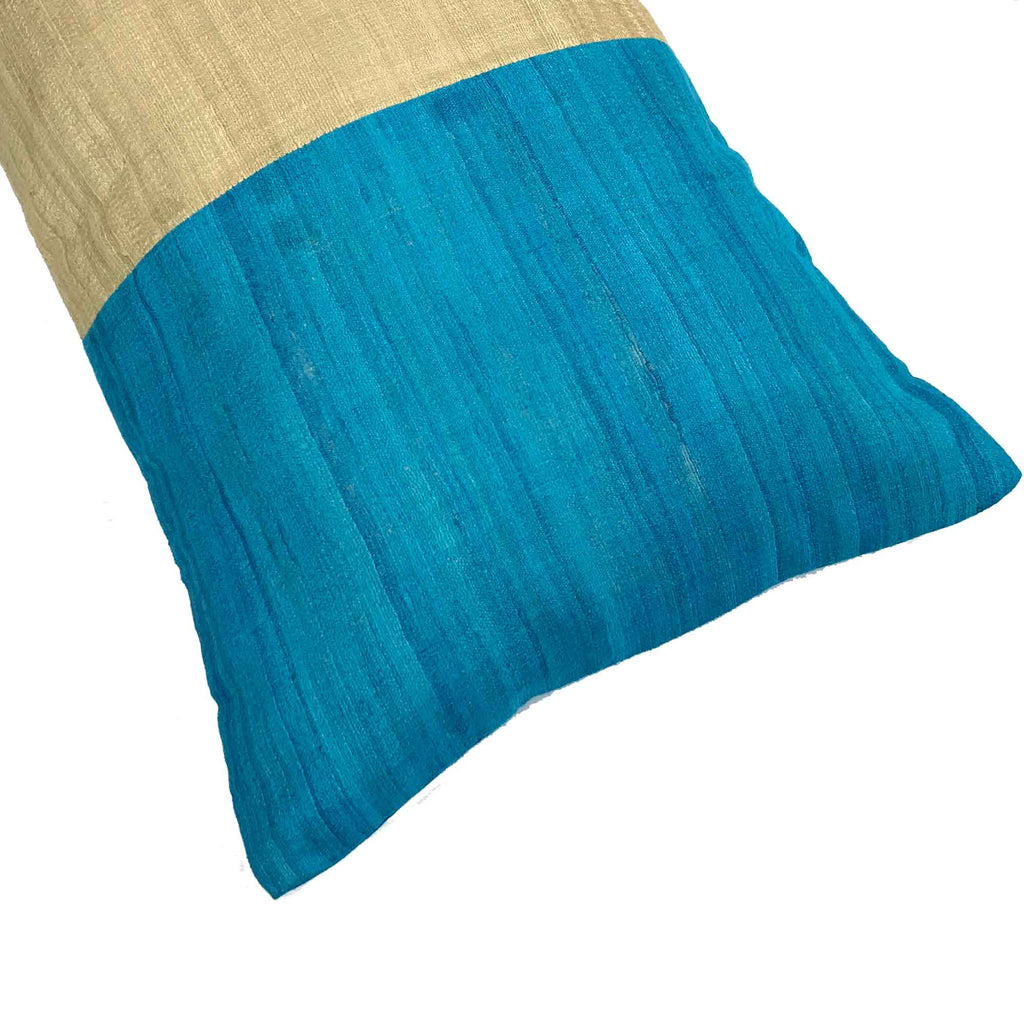 Colorblock Teal and Beige Silk Pillow Cover