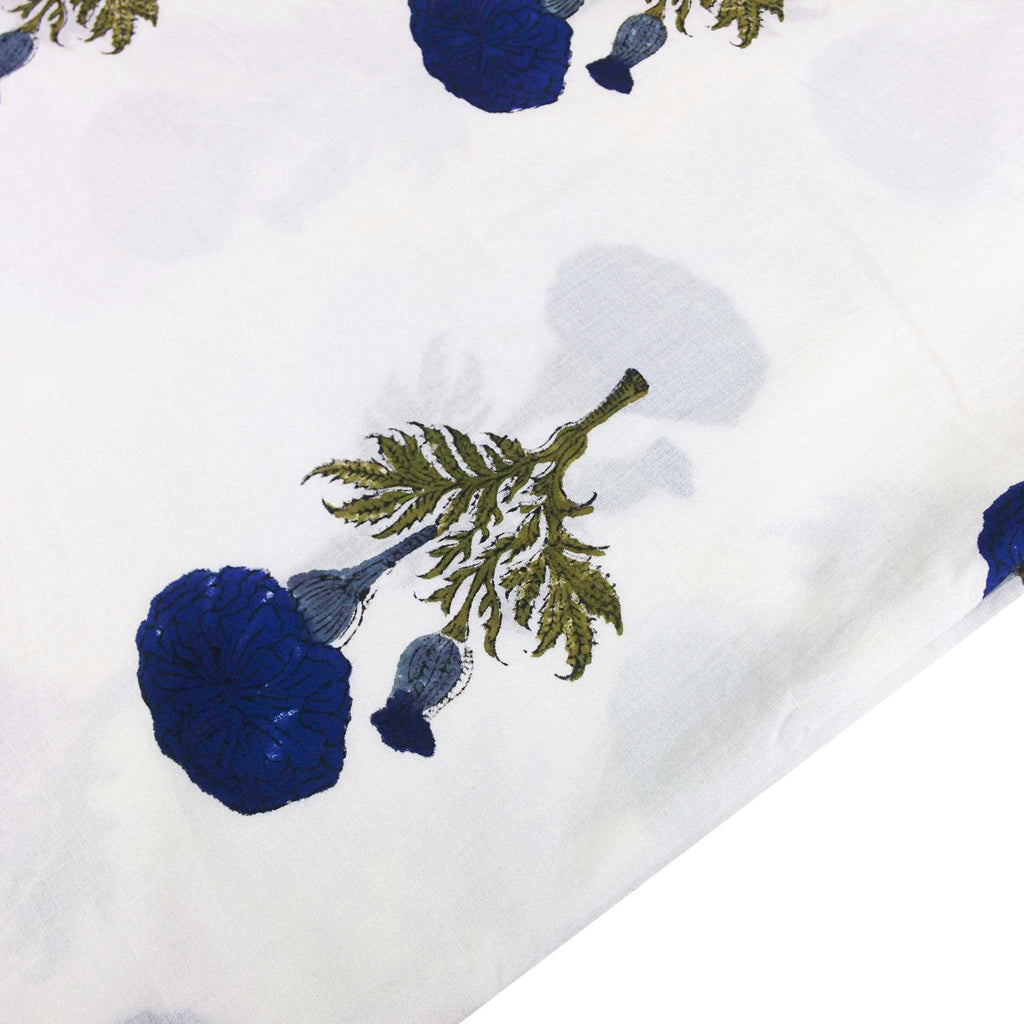 Blue and White Marigold Soft Cambric Cotton Fabric