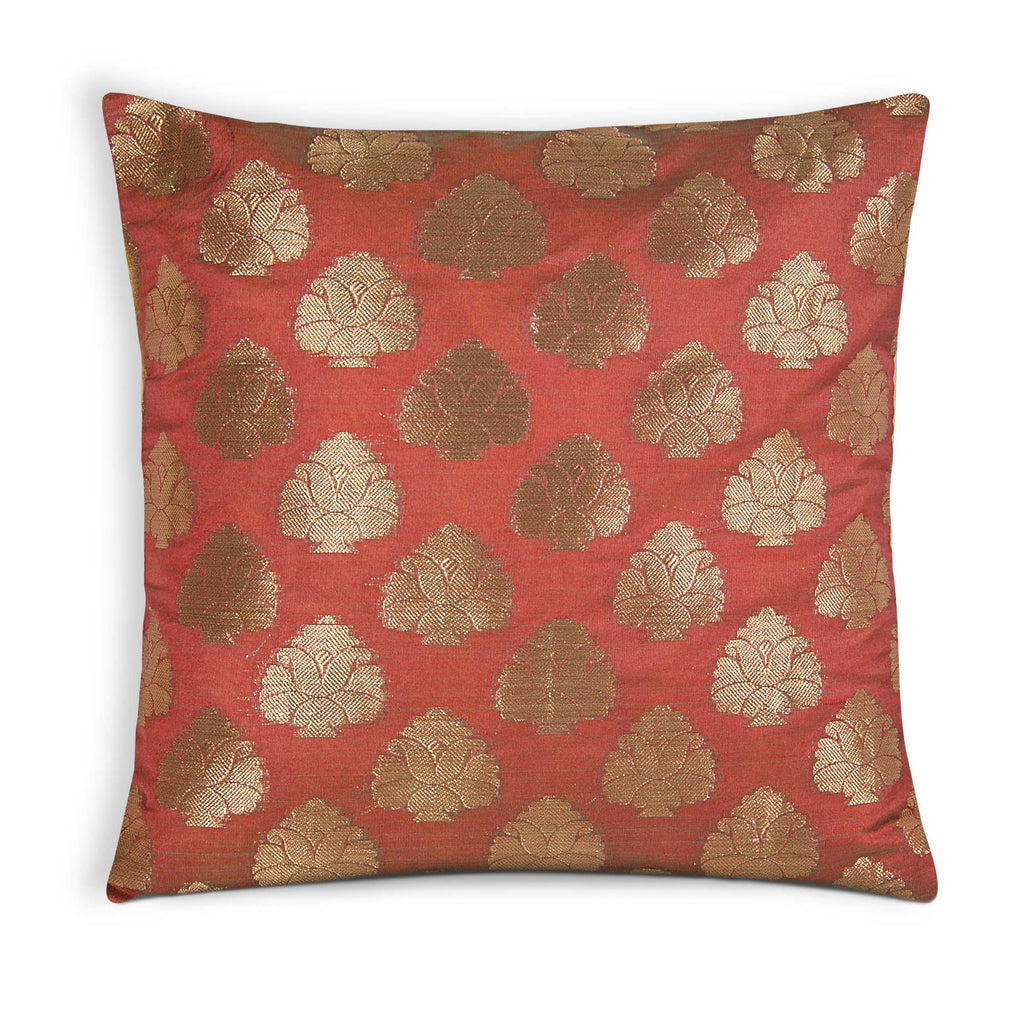 Chanderi Silk Pillow Cover in Marsala and Gold Silk