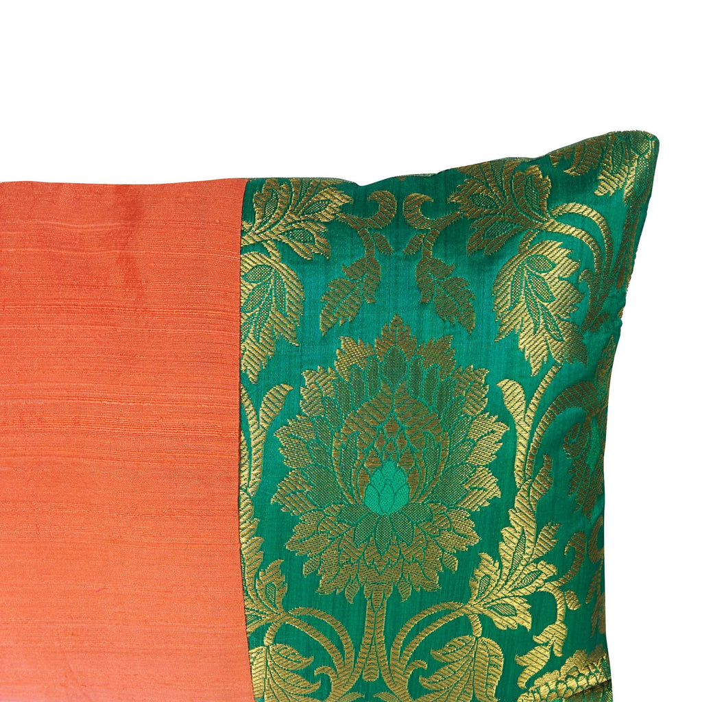 Coral and Seagreen Raw Silk Lumber Pillow Cover 
