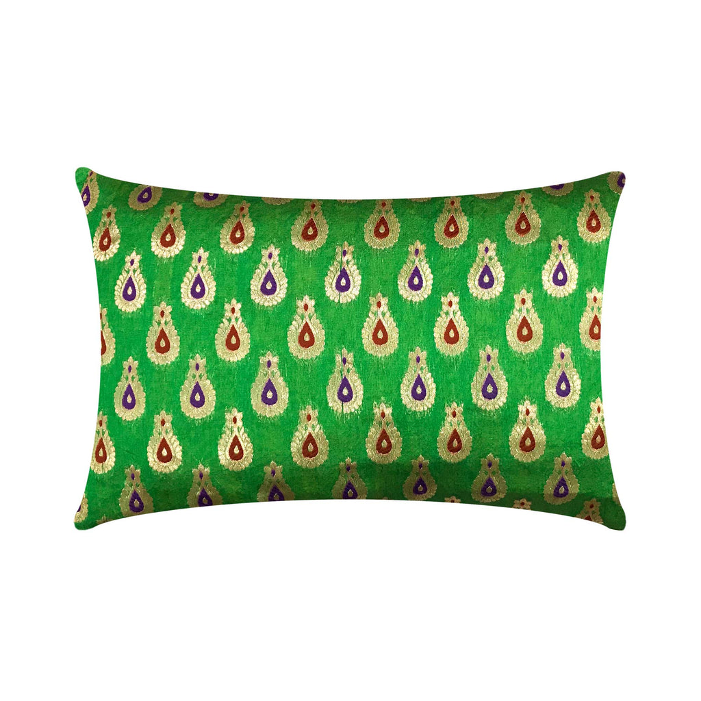 Emerald Green and Gold Chanderi Silk Lumbar Pillow Cover