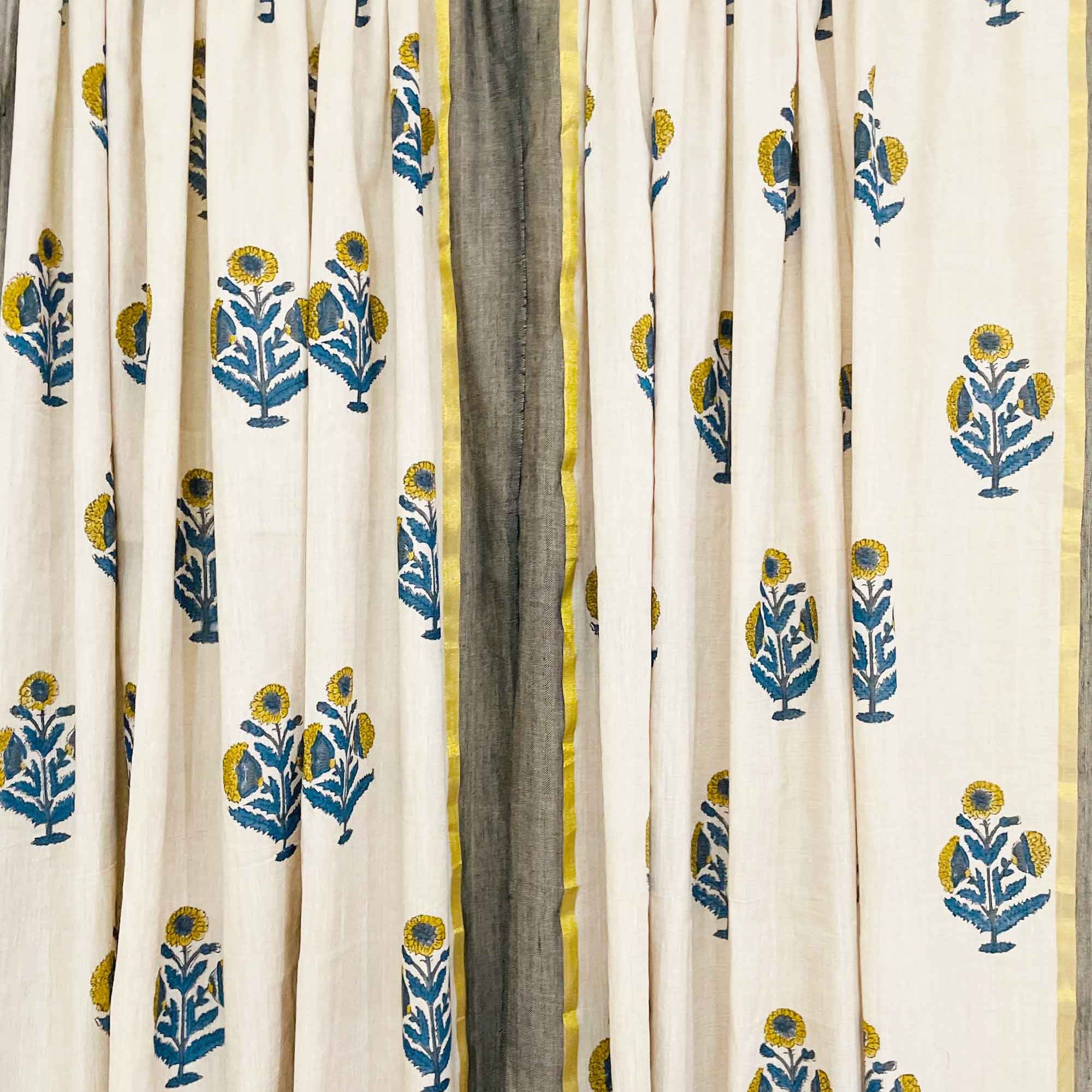 Mustard and Blue Cotton Curtains
