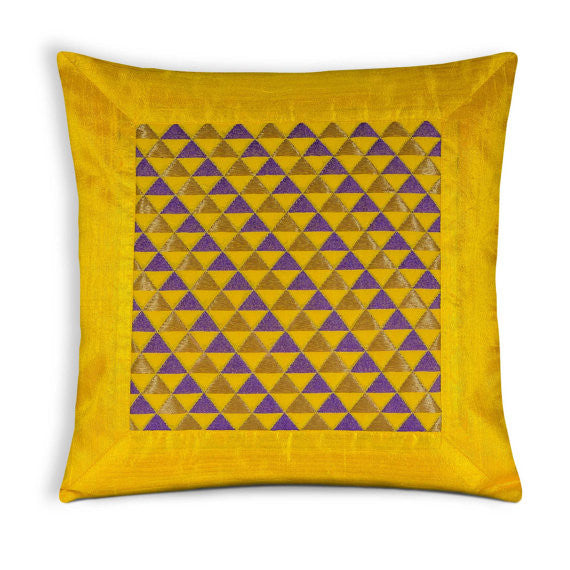 Yellow and Purple Triangles Raw Silk Pillow Cover
