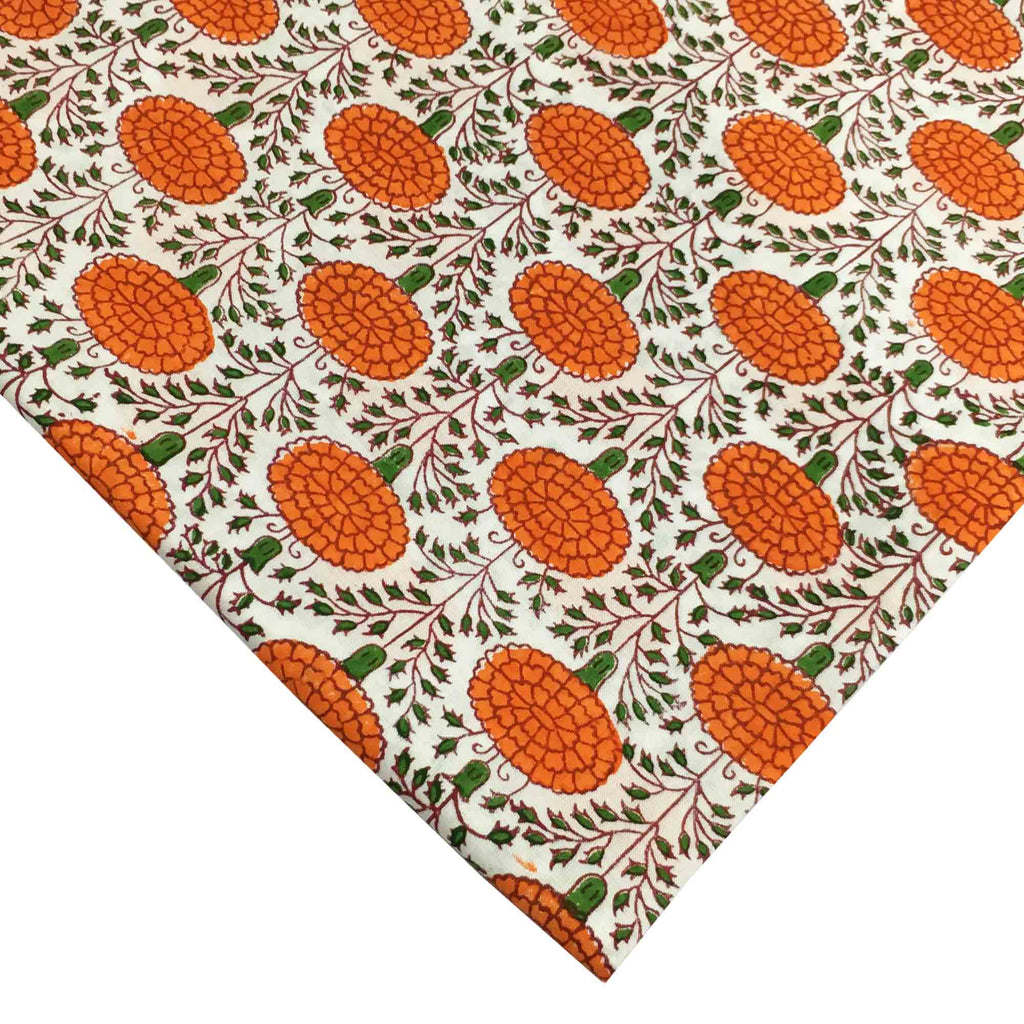 Marigold in Orange - Hand Block Printed Cotton Fabric