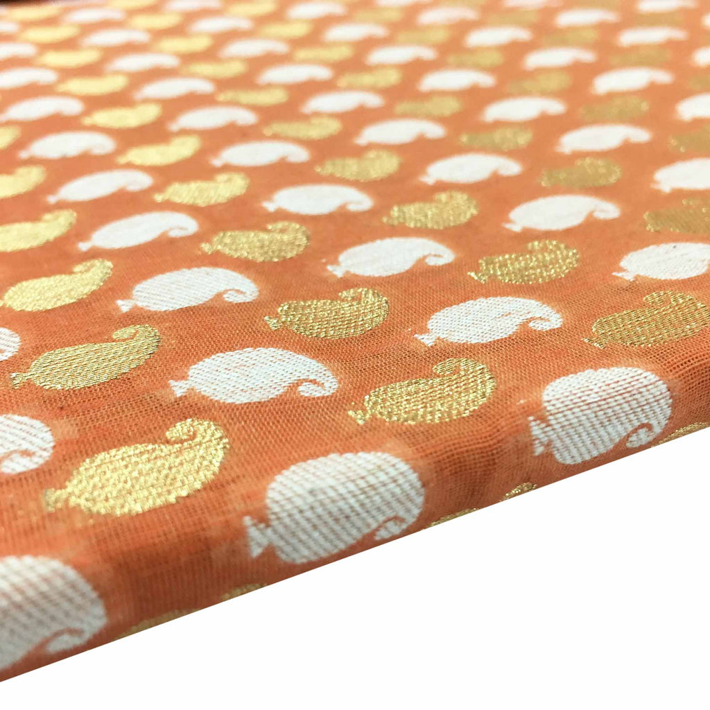 Peach and gold paisley chanderi silk fabric