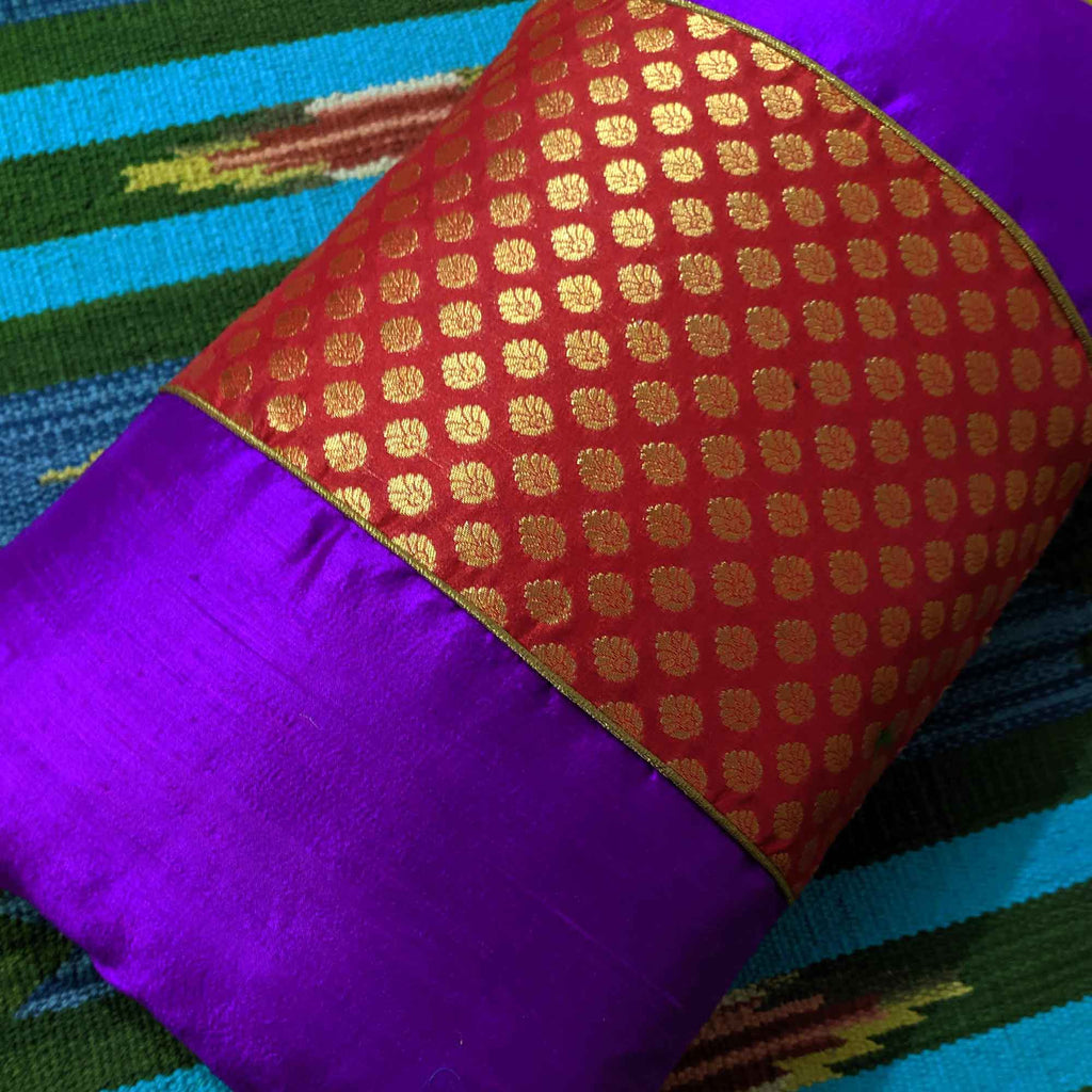 Red and Purple Banarasi Pure Silk Pillow