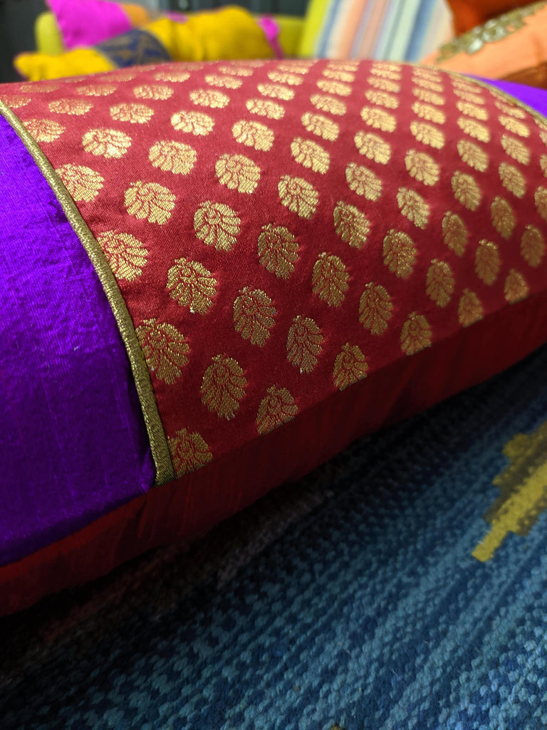 Red and Gold Banarasi Border Pure Silk Pillow