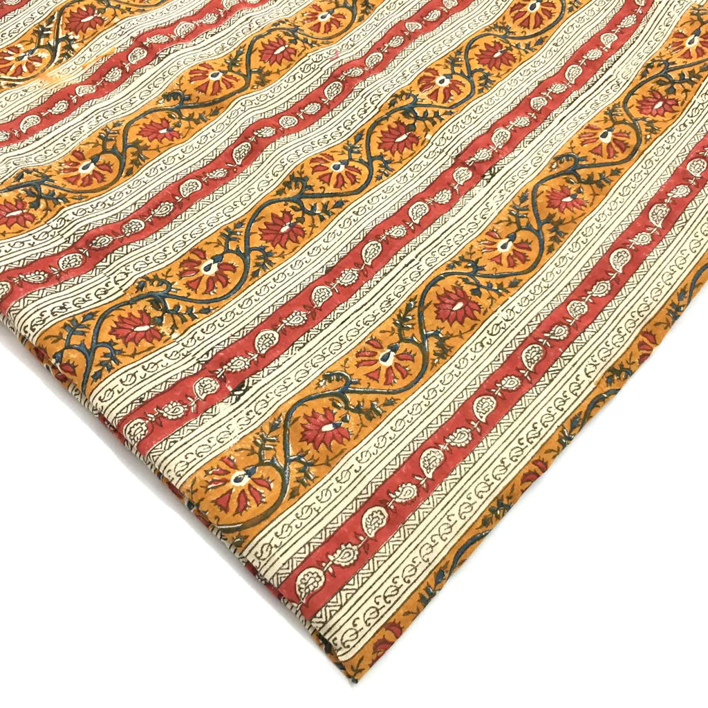 Striped Kalamkari Fabric in Red Blue and Mustard