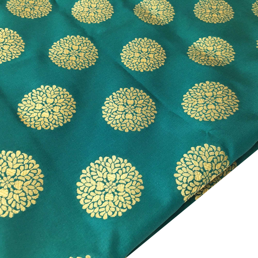 Teal and Gold Mandala Banaras Jacquard Silk Fabric