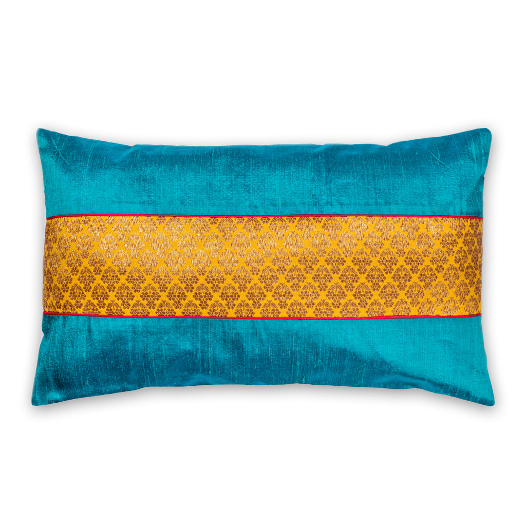 Teal and Mustard Raw Silk Pillow Cover