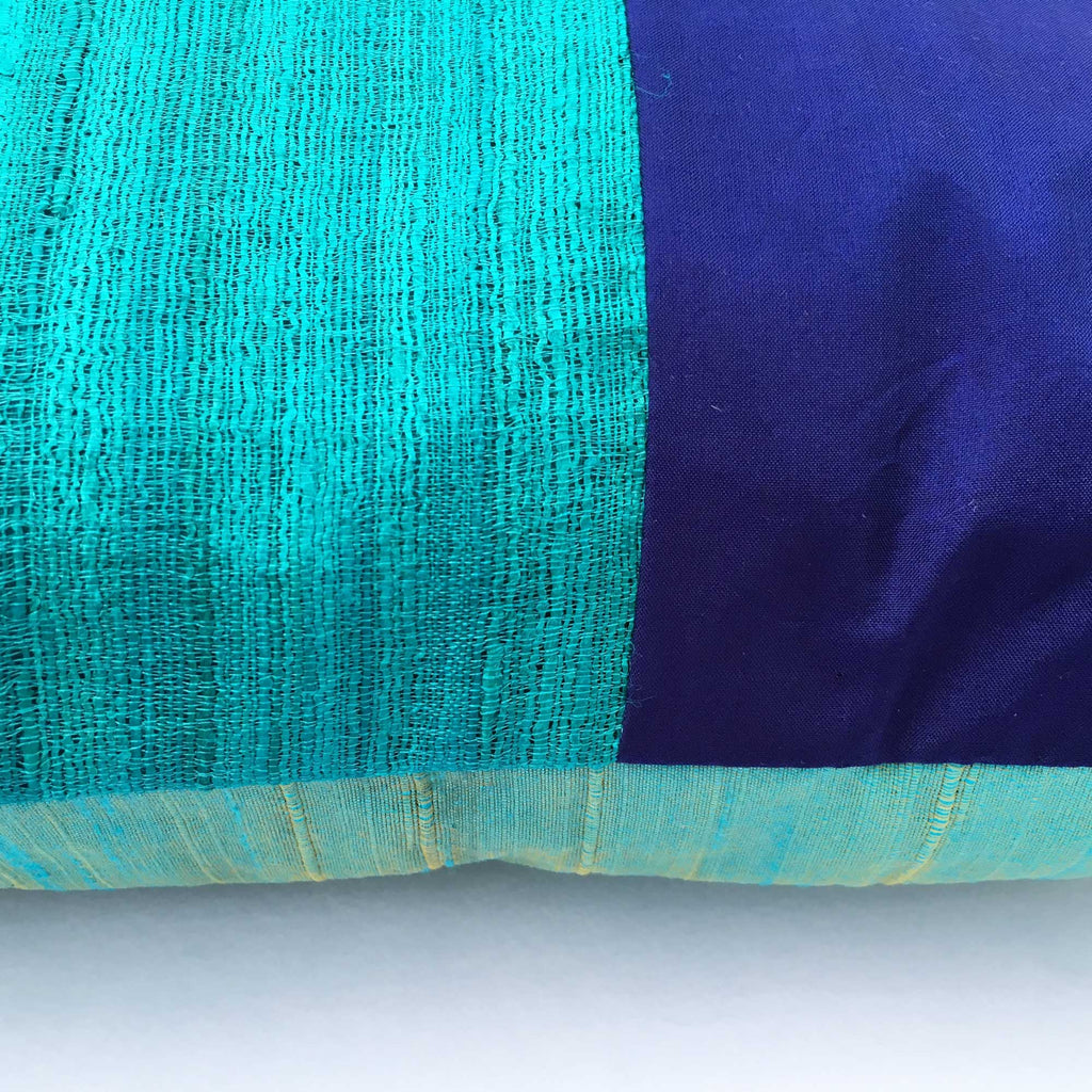Aqua and Navy Raw Silk Lumbar Pillow Cover