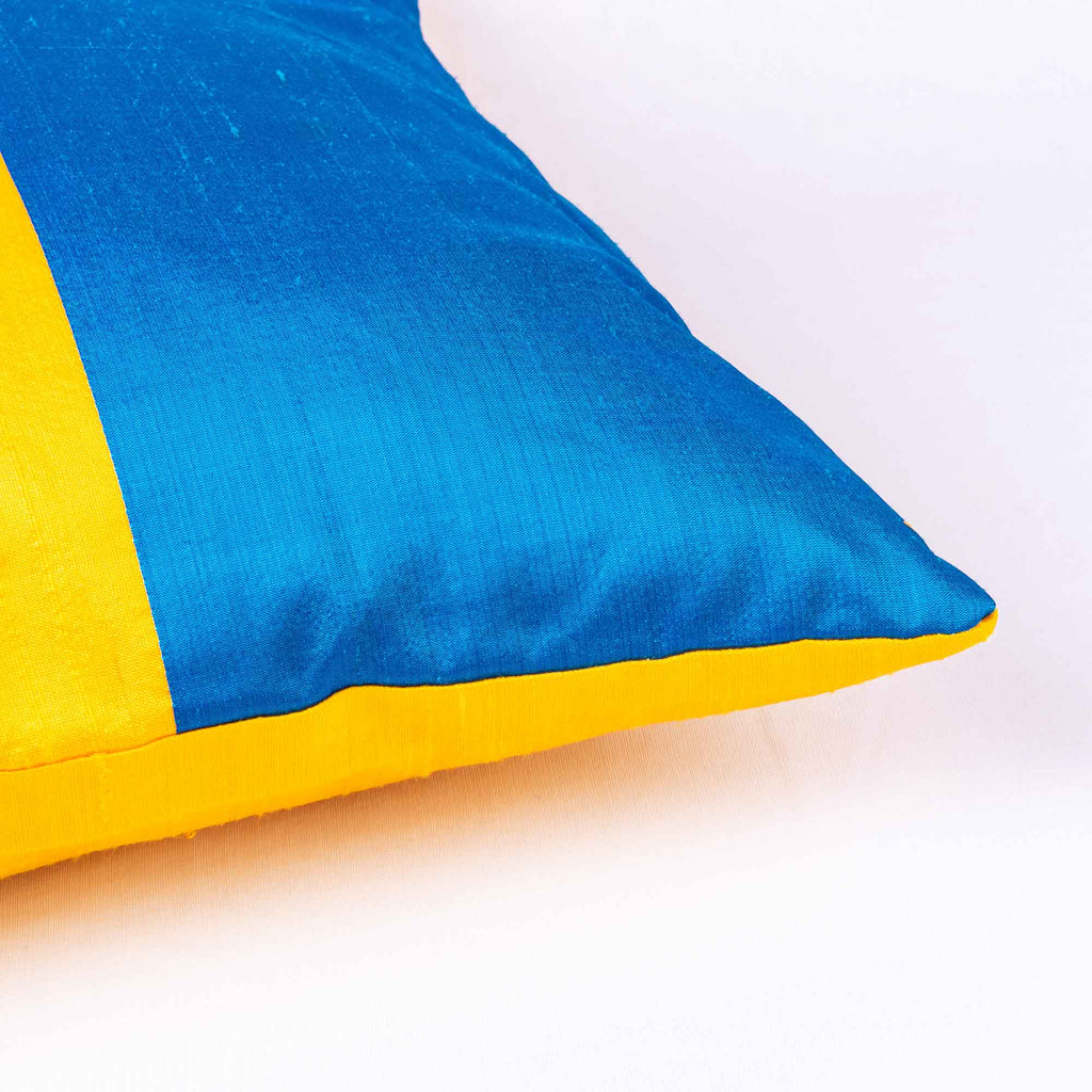 Yellow and Turquoise Blue Colorblock Silk Pillow Cover