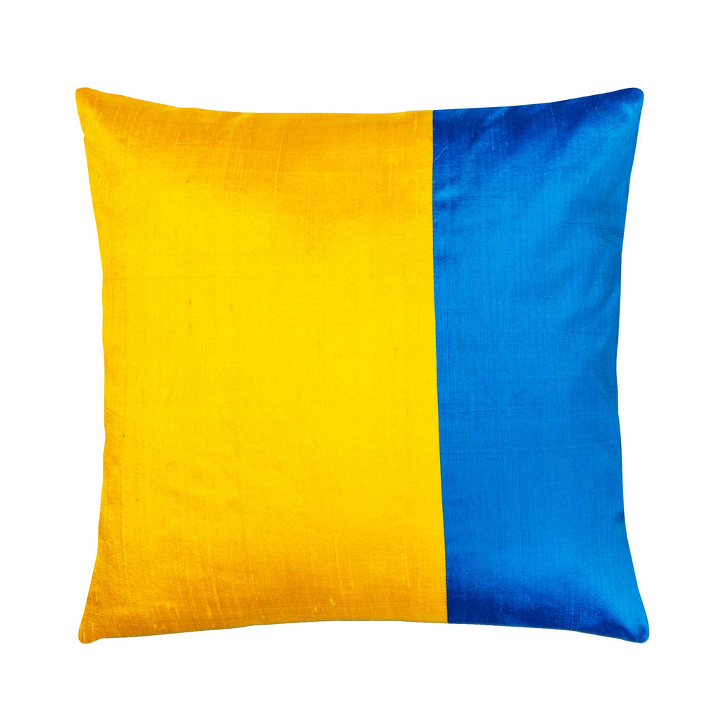 Turquoise blue and yellow colorblock raw silk cushion cover buy online india