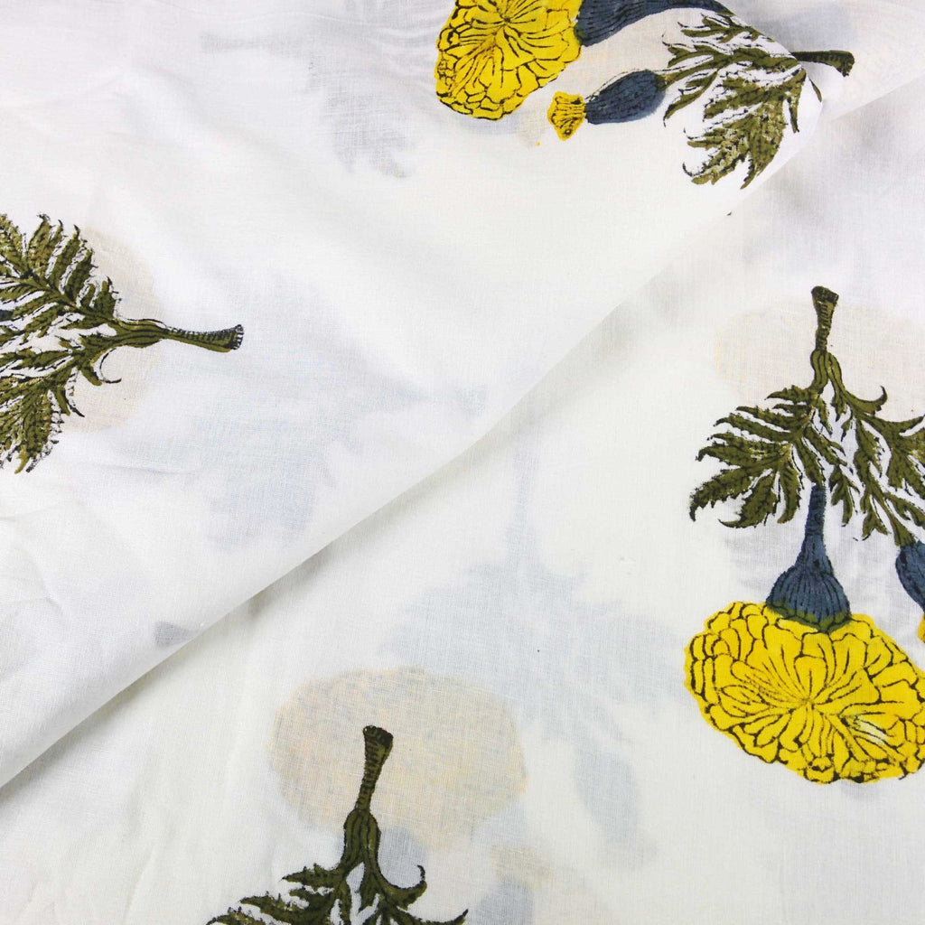 Yellow and White Marigold Soft Cambric Cotton Fabric Buy By Yard